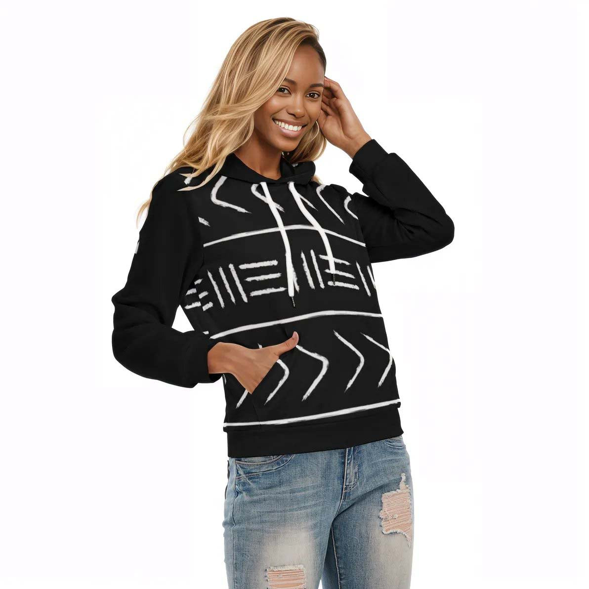 Cozy Tribal Print Hoodies African Design Black and White
