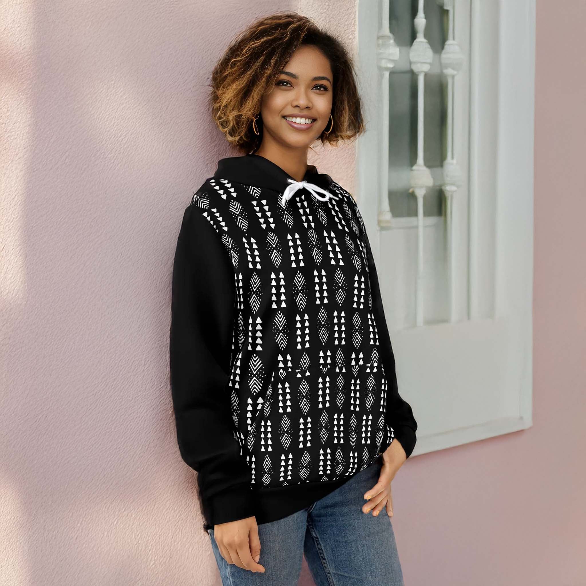 Ethnic African Pattern Hoodie in Bold Black and White