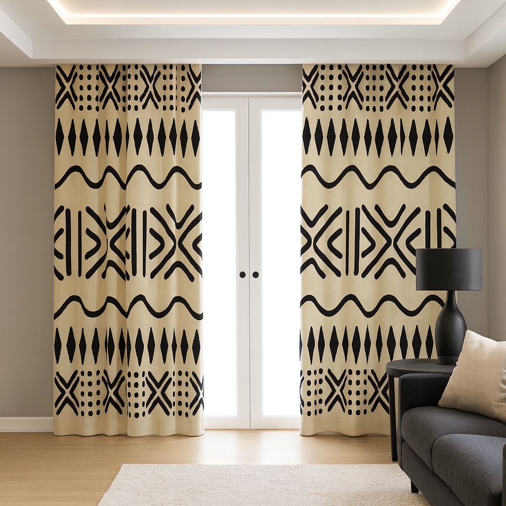 Ethnic Off White Blackout Curtain Mudcloth Beige (Two Piece)