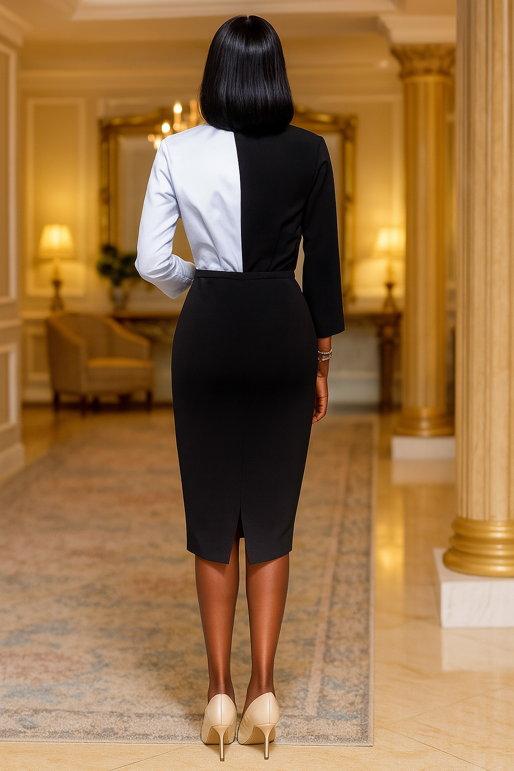 Faux Wrap Midi Pencil Dress For Women Black and White