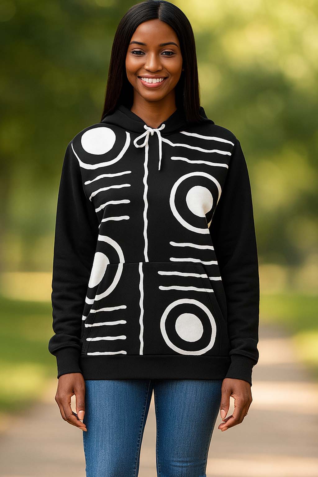 Hoodie Tribal African Mandala Print Black and White