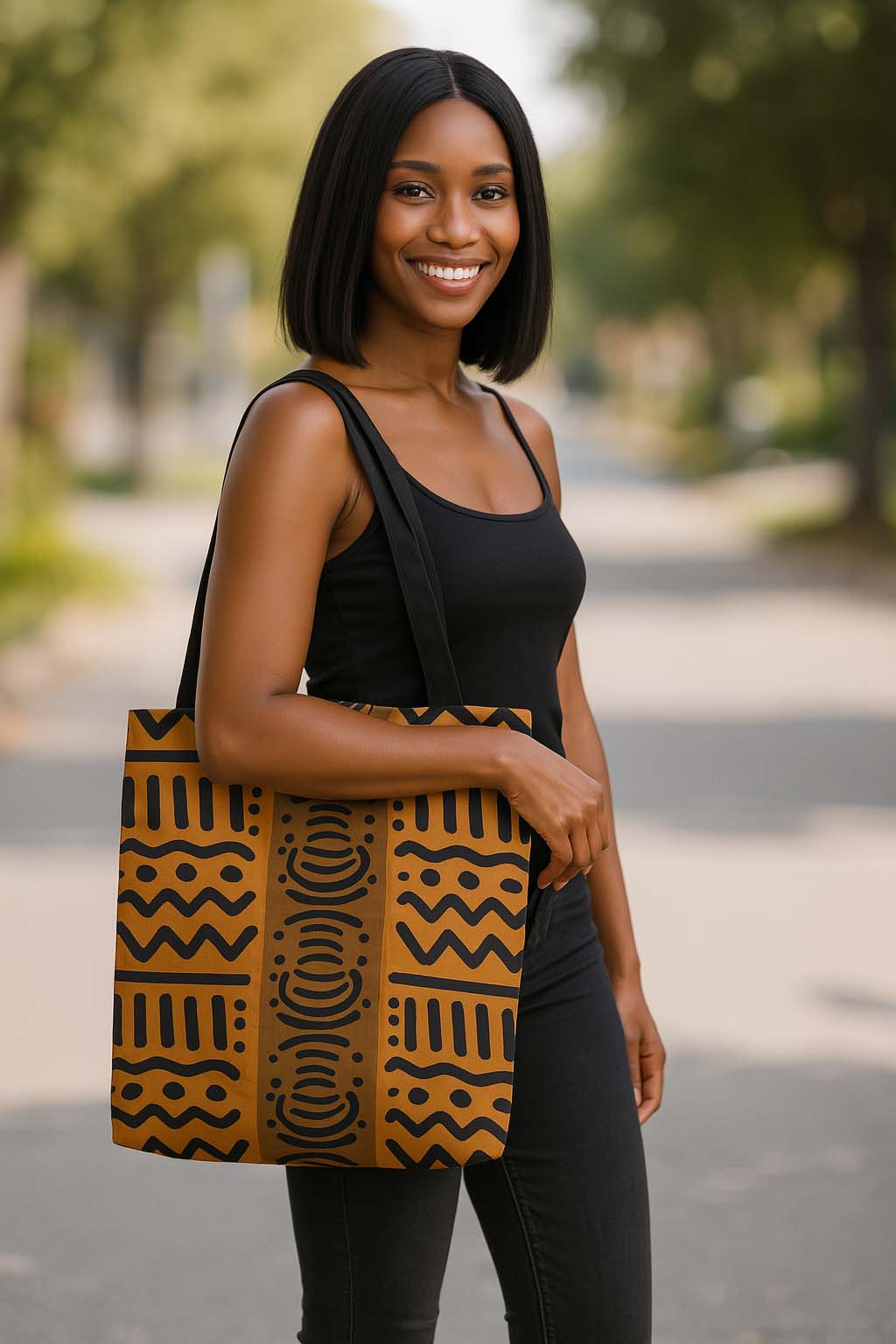 Kuba African Tote Bag | Doodle Brown Pattern | Large Capacity