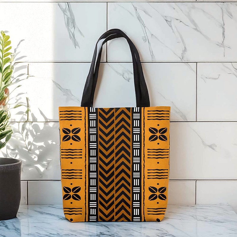 Mud Cloth Cowrie Tribal Tote Bag | Ancient Symbolic Print 