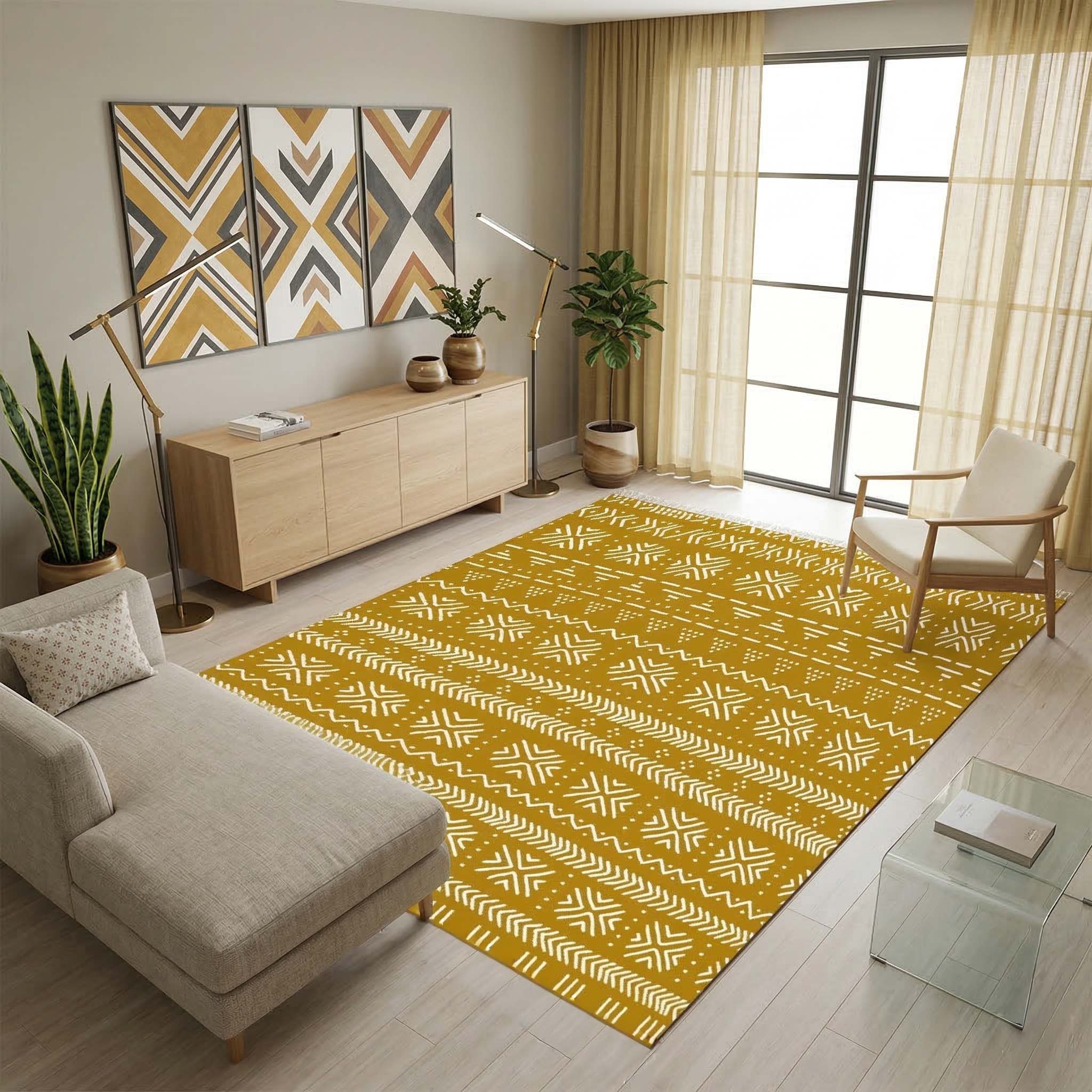 Gold and White Rug Mudcloth Print Carpet African