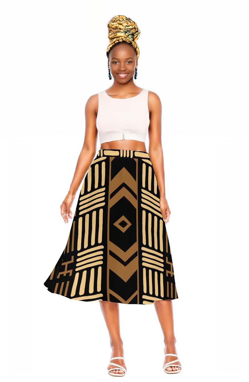 Mudcloth Tribal Pattern Skirt | Midi Length Women's Fashion