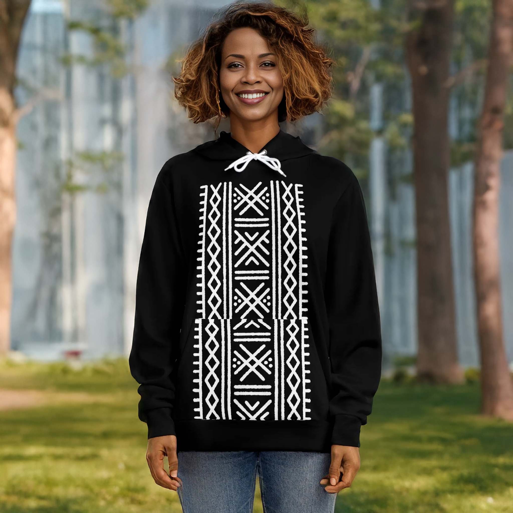 Printed Hoodie Women's African Boho Black and White