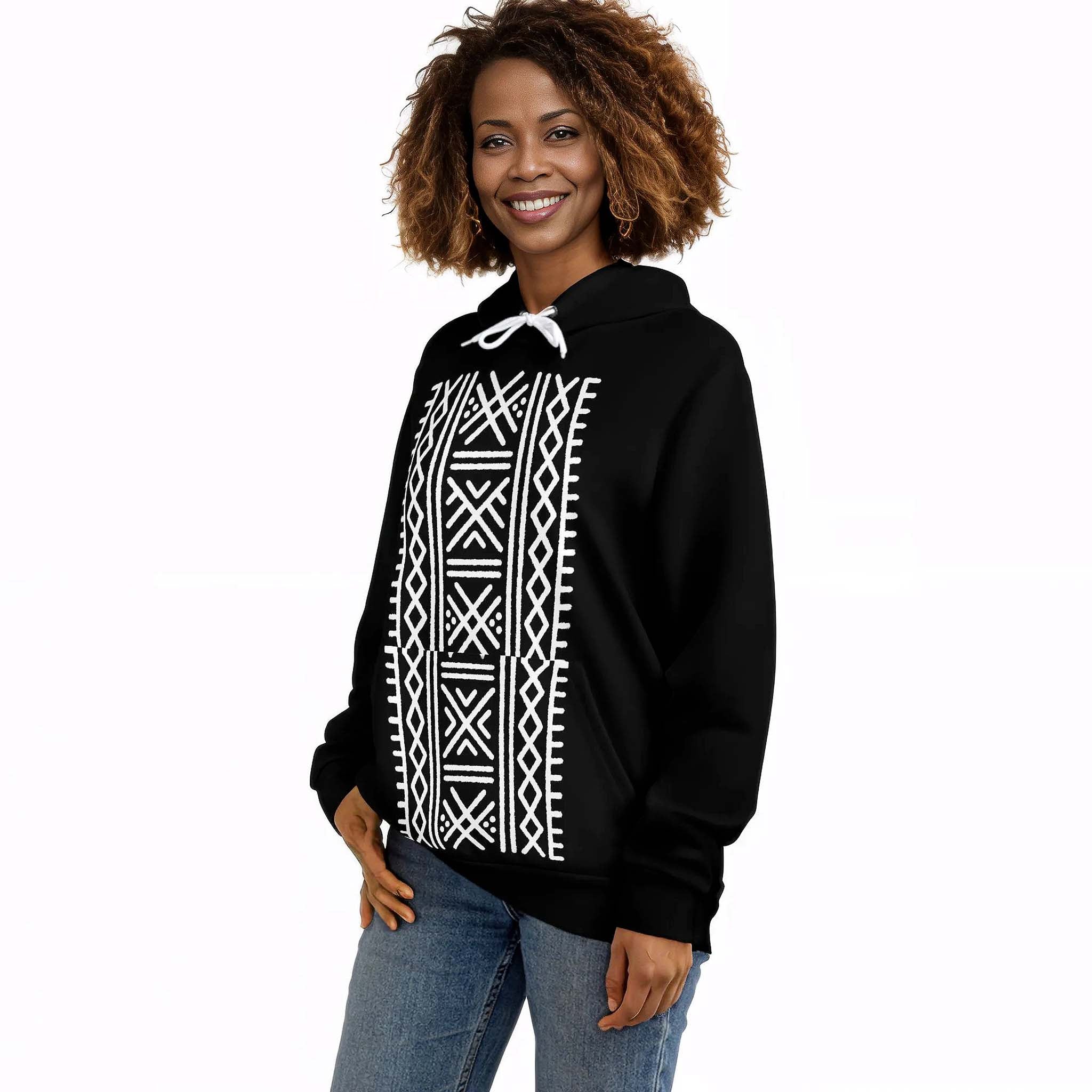 Printed Hoodie Women's African Boho Black and White