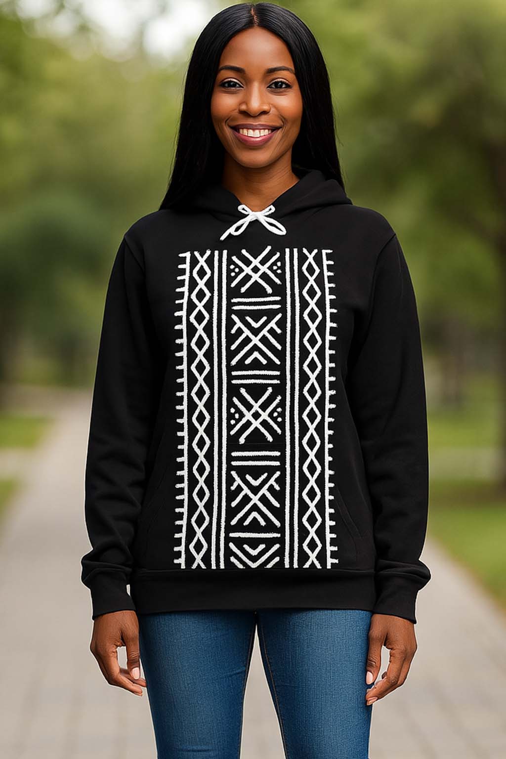 Printed Hoodie Women's African Boho Black and White