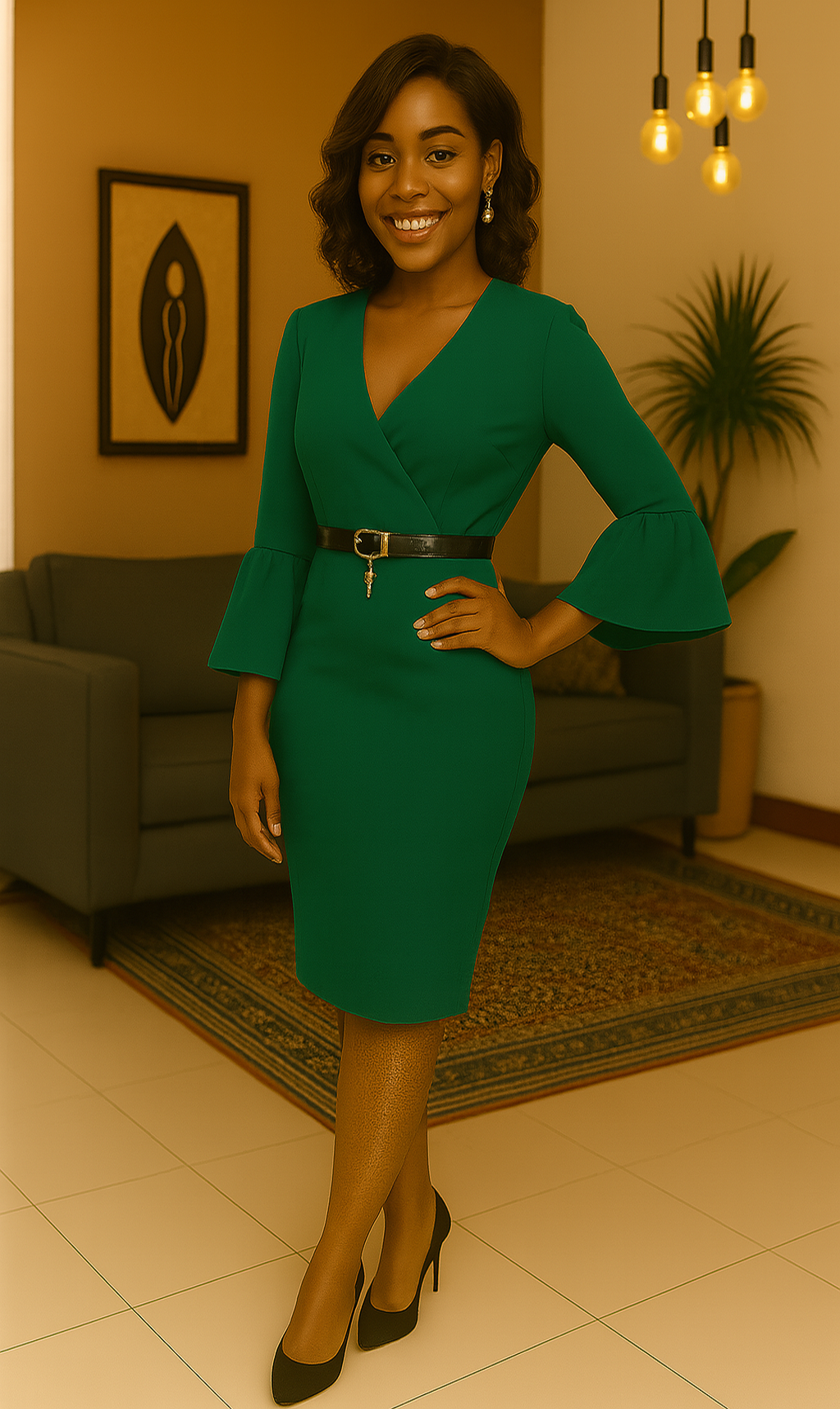Statement Bell Sleeve Green Dress Faux Wrap Fitted Midi Statement Bell Sleeve Green Dress Faux Wrap Fitted Midi