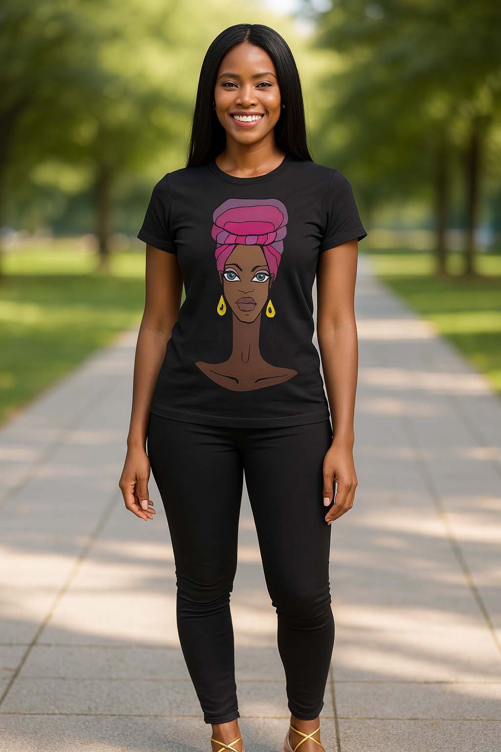 Statement Tee : African Print Women T-shirt Turban Scarf Lady