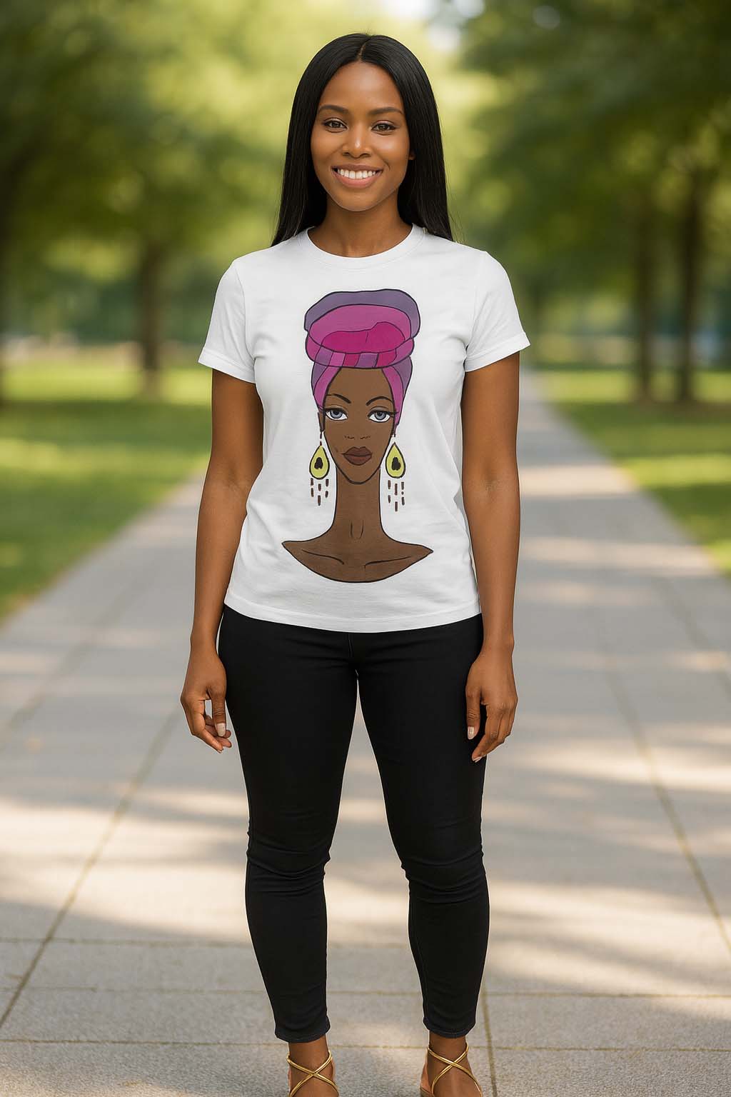 Statement Tee : African Print Women T-shirt Turban Scarf Lady