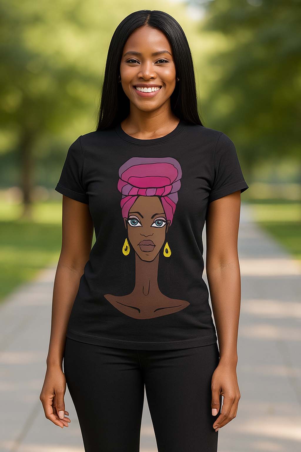Statement Tee : African Print Women T-shirt Turban Scarf Lady