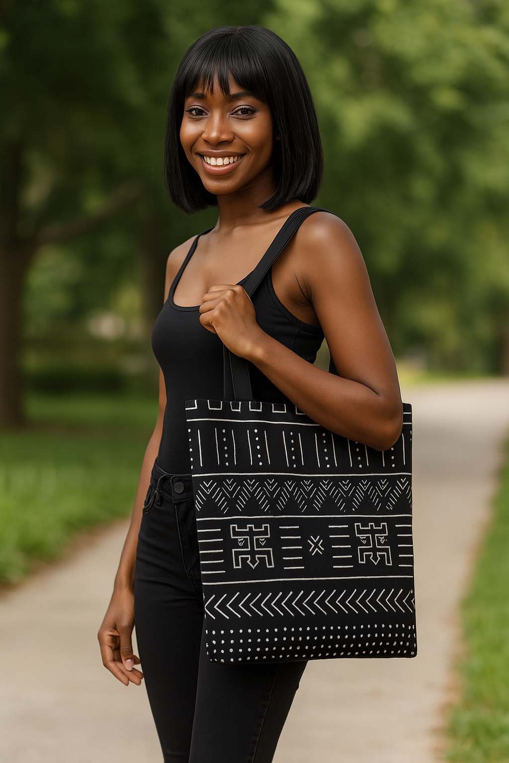 Tribal African Print Tote Bag | Black and White Pattern | Large Capacity