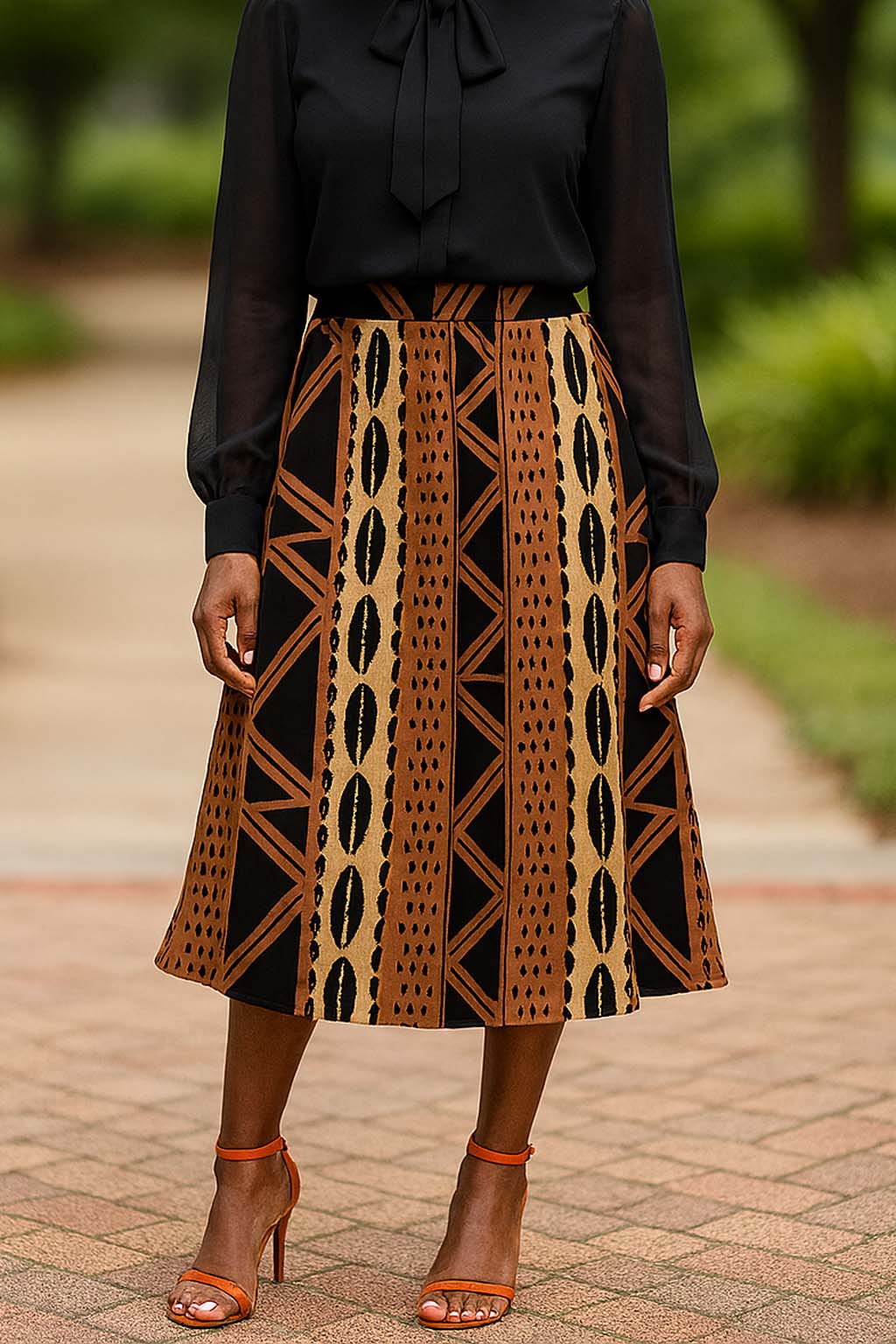 Tribal Skirt Flare | Abstract Cowrie Print Midi Length Brown