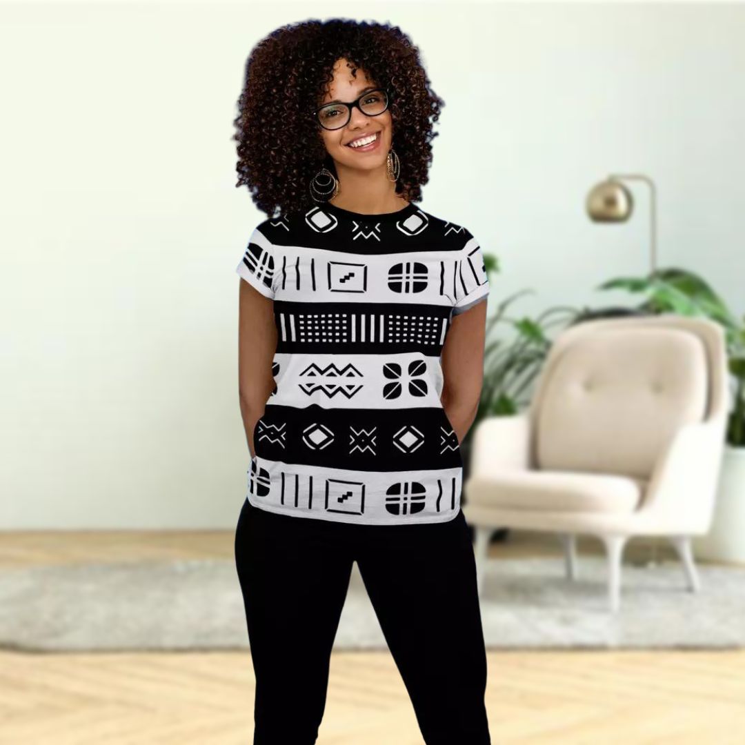 African Print Women T-shirt Bogolan Mudcloth- Bynelo