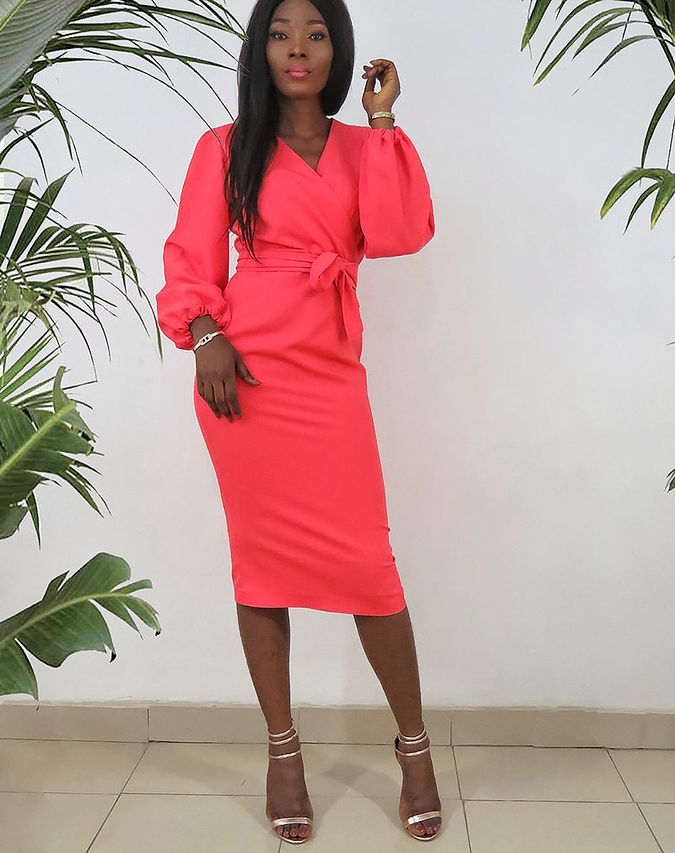 Bynelo Women Faux Wrap Midi Pencil Dress Bishop Big Sleeve Coral 18