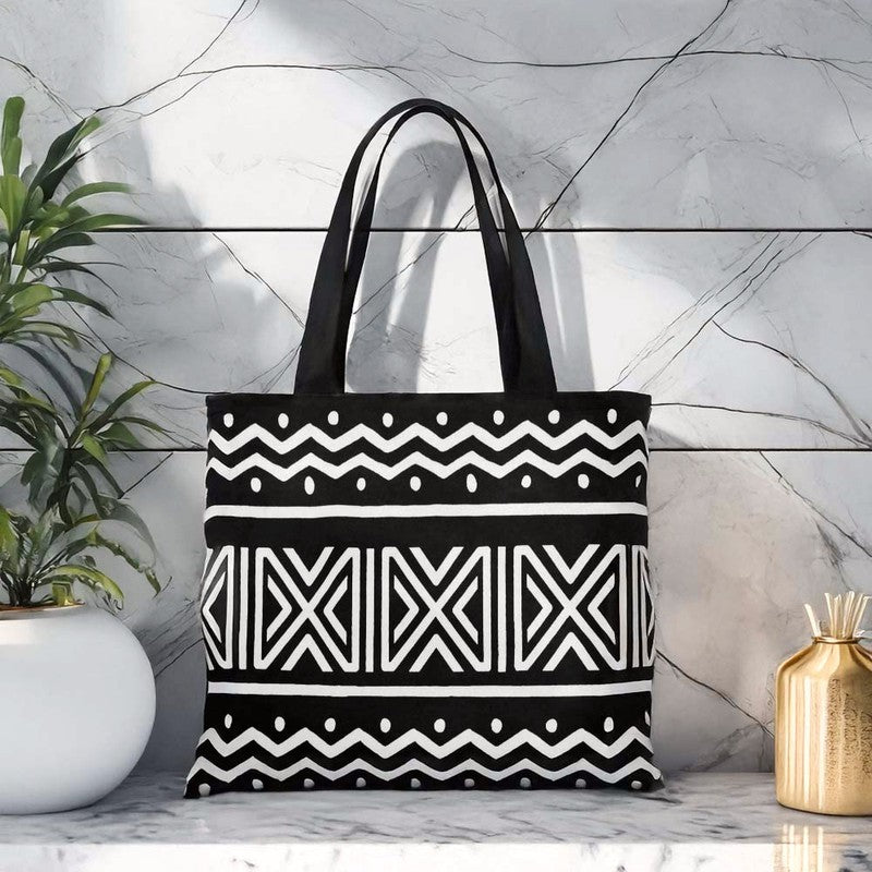 Zigzag Black & White Tote Bag African Print | Ethnic Bohemian Fashion