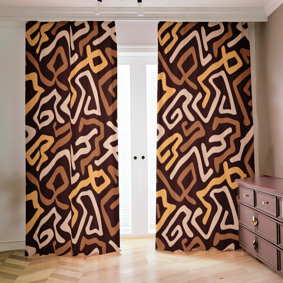 African Print Curtains in Blackout Kuba Print Brown - Bynelo