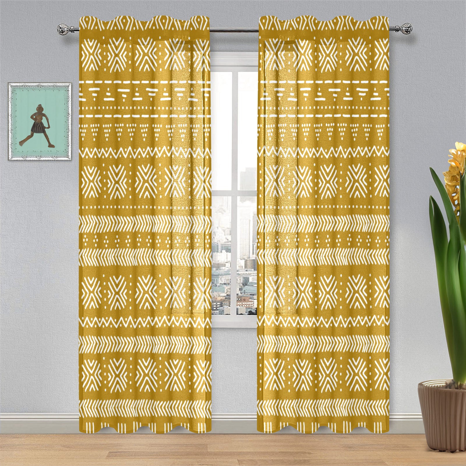 Gold African Guaze Curtain in Tribal Print (Two-Piece) - Bynelo