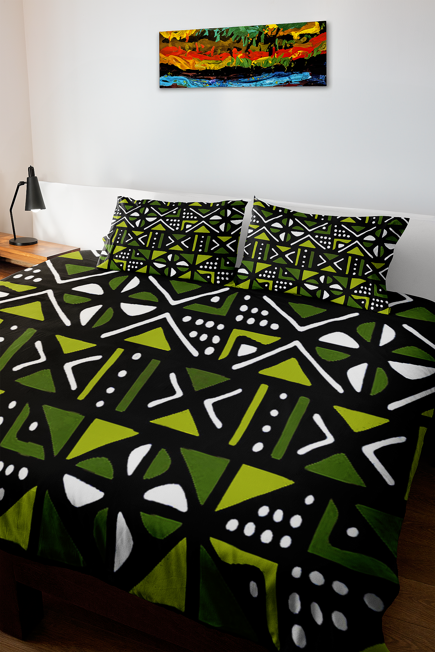 Green African Bedding Set Mudcloth (3 Piece Duvet & Pillow Cases)