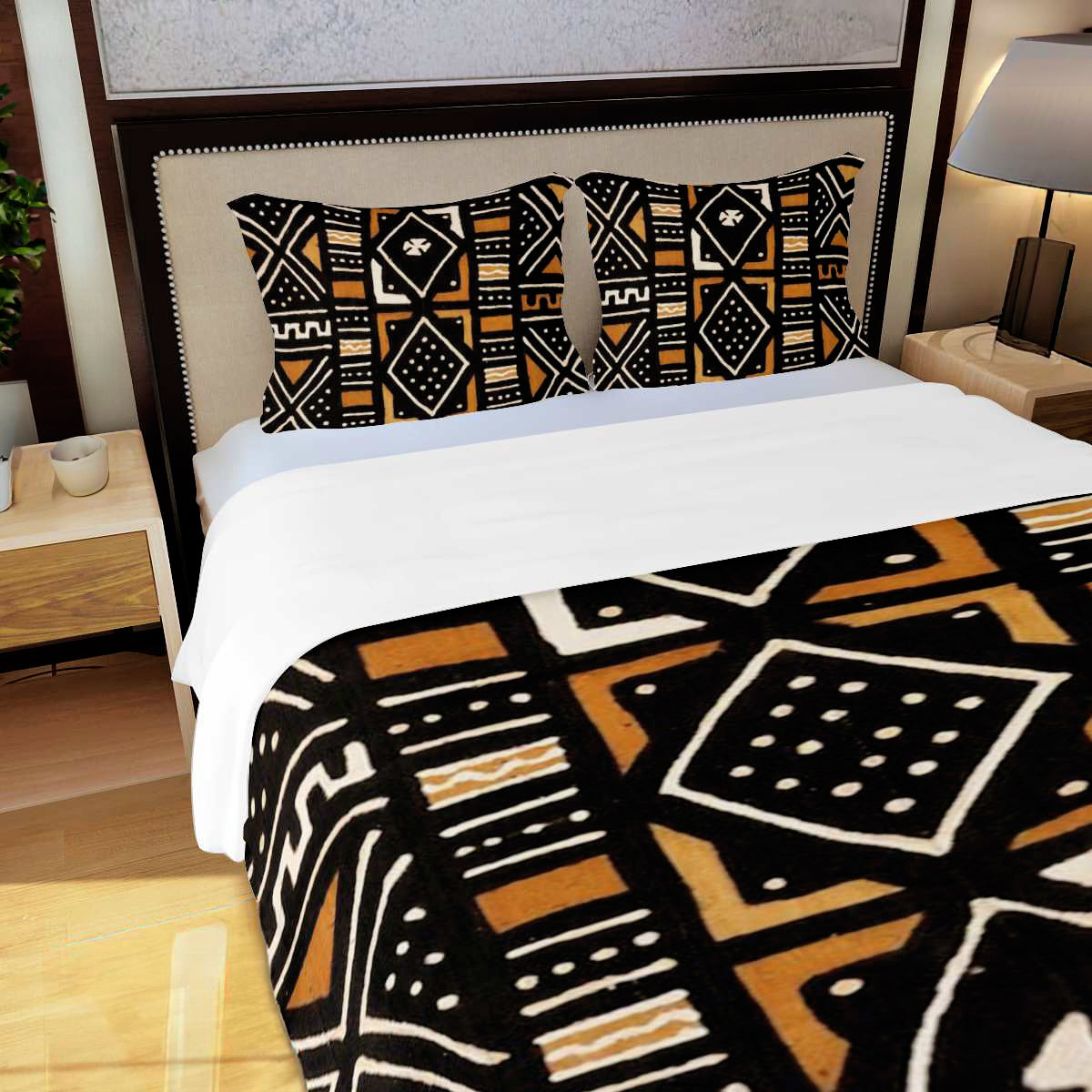 African Print Bedding Set Mudcloth Black and Gold - Bynelo