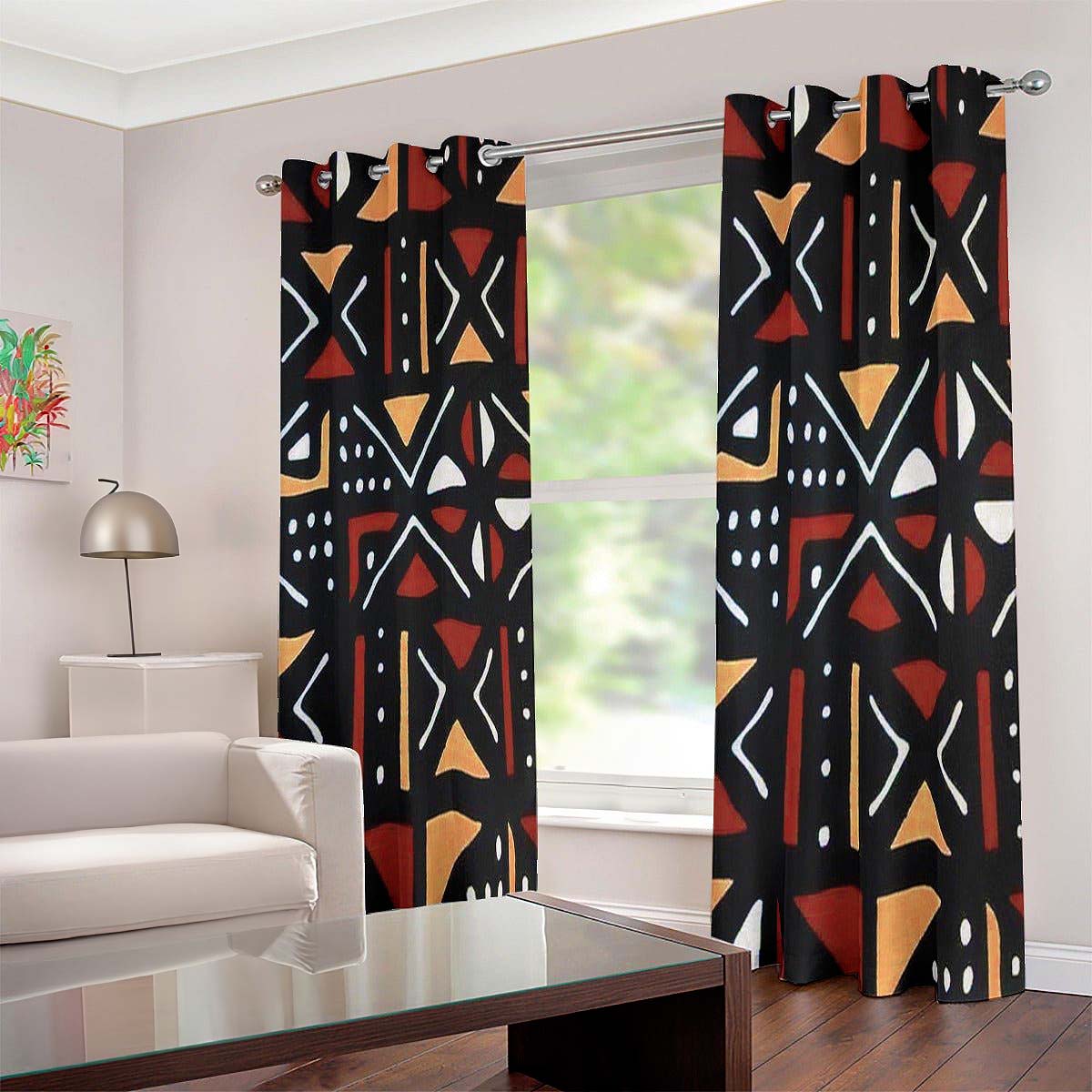 African Living Room Curtain for Window Grommet Bogolan Print