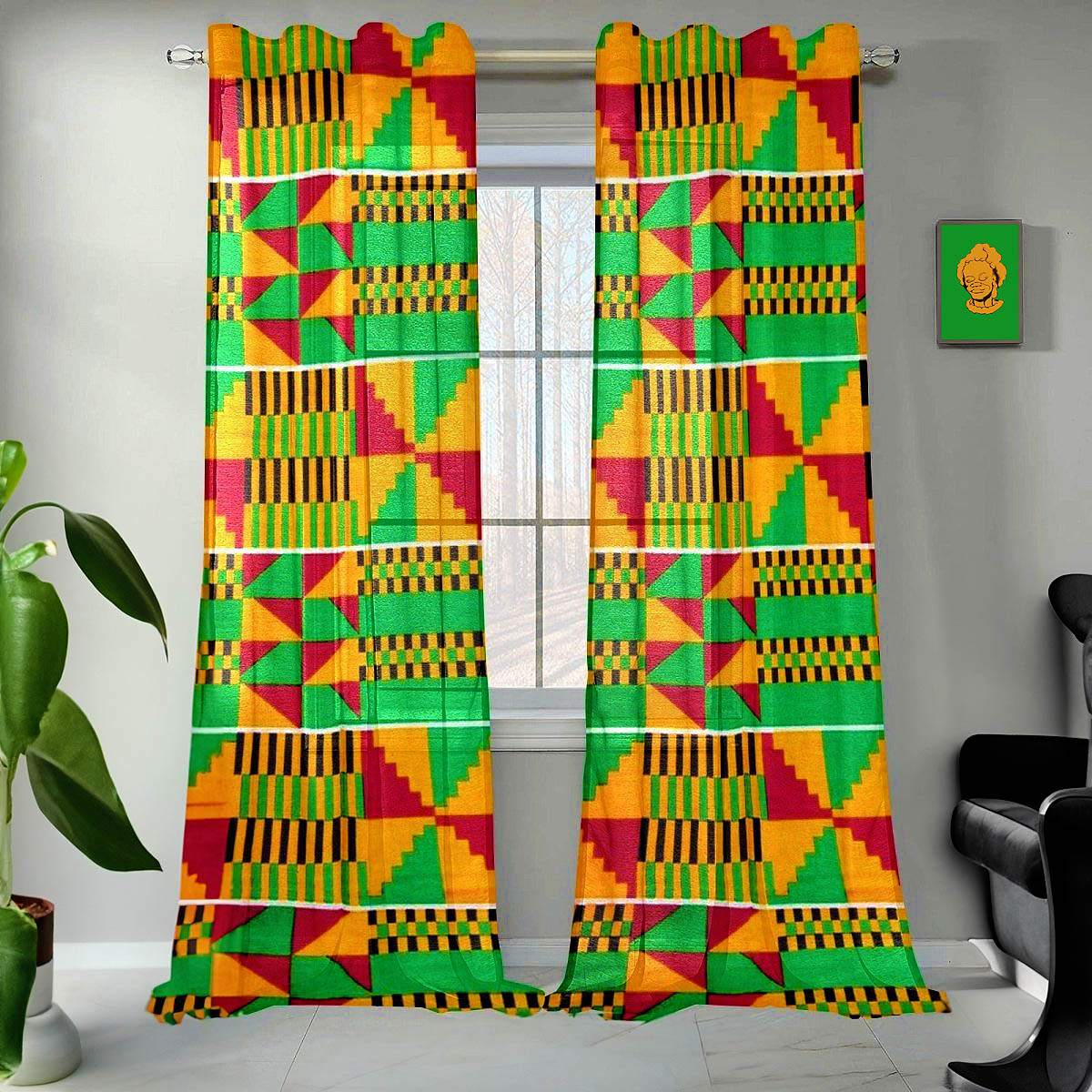 Green & Red African Kente Curtain (Two-Piece) - Bynelo