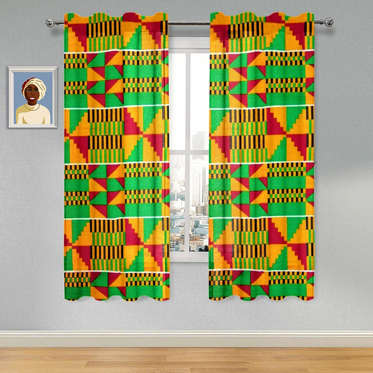 Green & Red African Kente Curtain (Two-Piece) - Bynelo