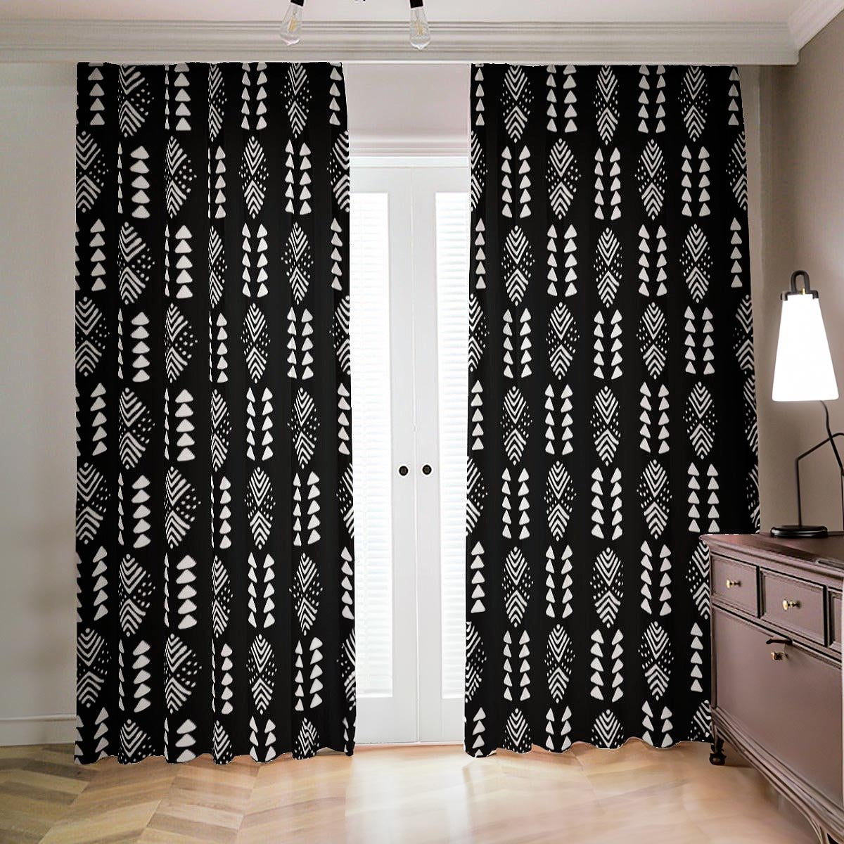White and Black African Mudcloth Print Blackout Curtain 
