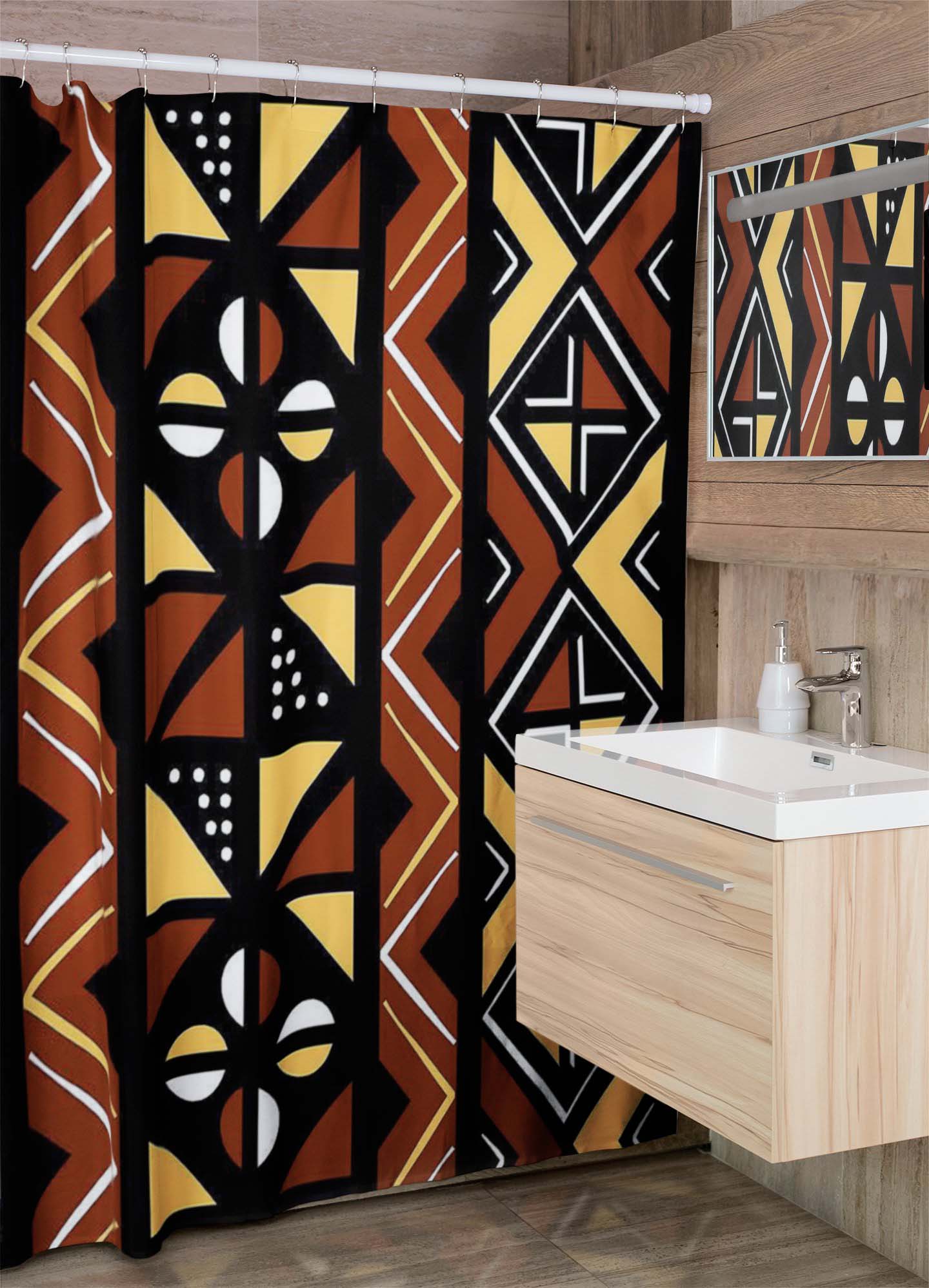 Bathroom African Shower Curtain Bogolan Print - Bynelo