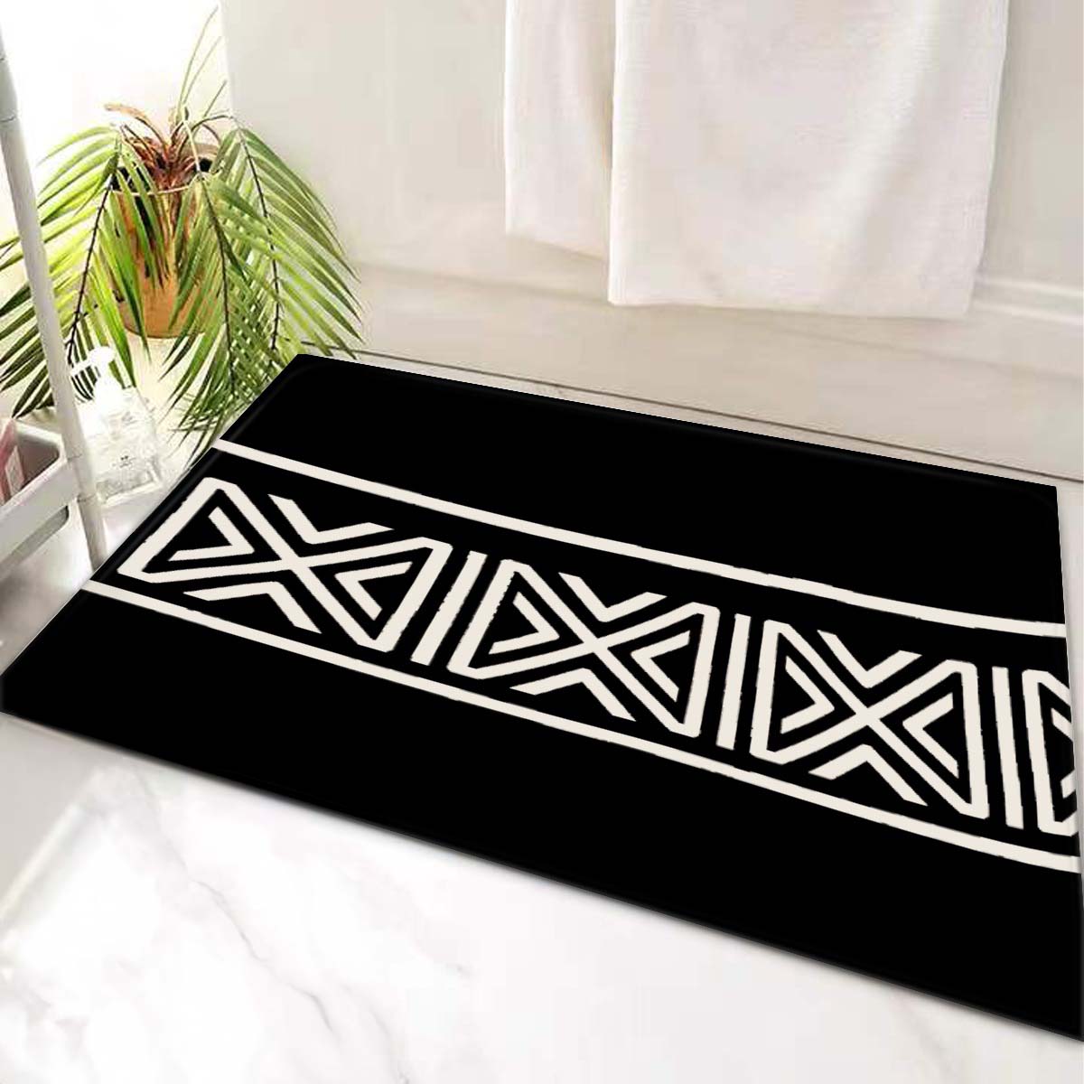 African Bathroom Mat Black & White Tribal Print Rug