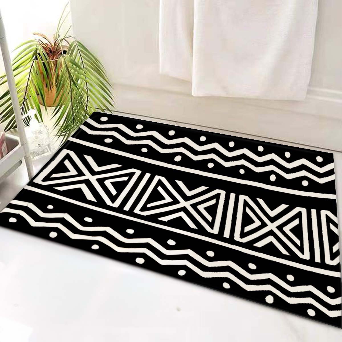 Black and White African Bathroom Rug Mudcloth Print