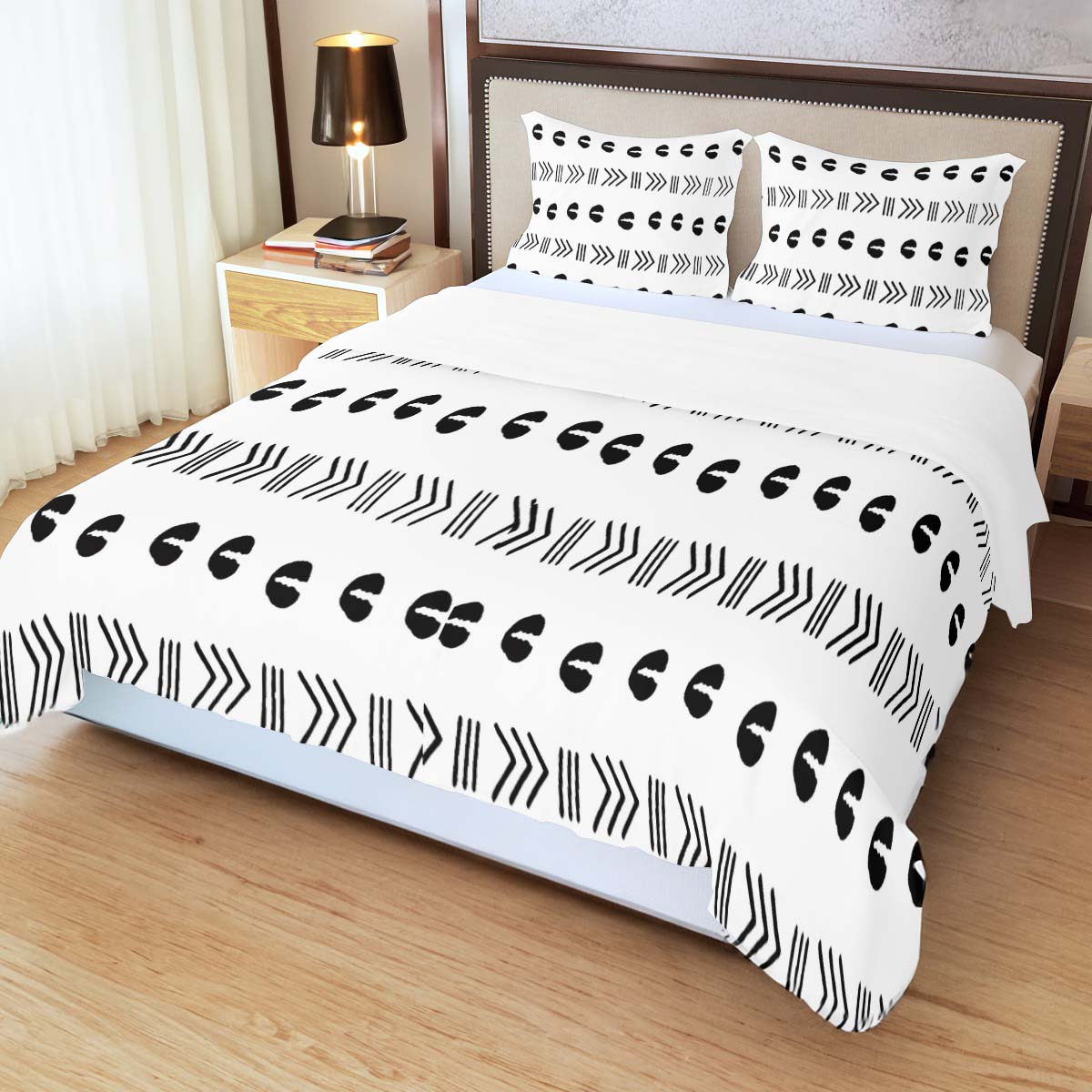 African Bedding Set Cowrie Print White and Black - Bynelo