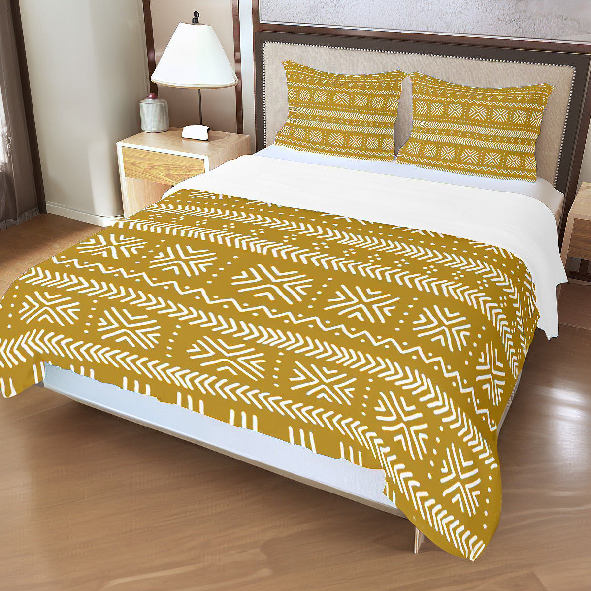 Gold White African Bedding Set Tribal (3 Piece Duvet & Pillow Cases)