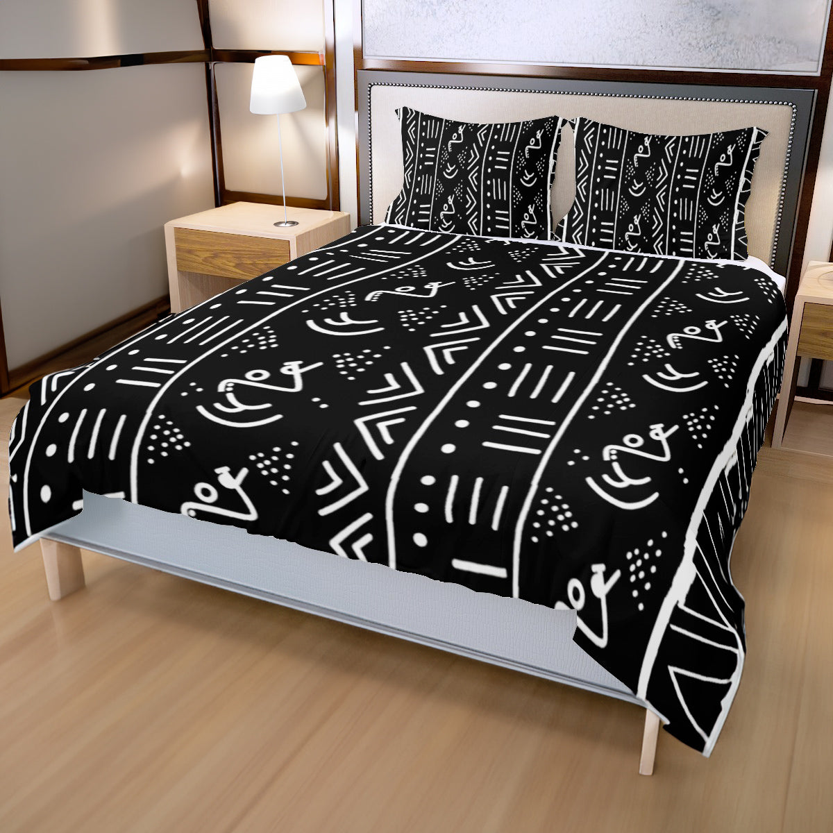 African Print Bedding Set: 3-Piece Mudcloth Duvet & Pillows