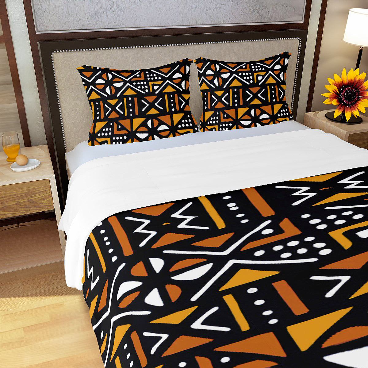Orange African Bedding Set Mudcloth (3 Piece Duvet & Pillow Cases)