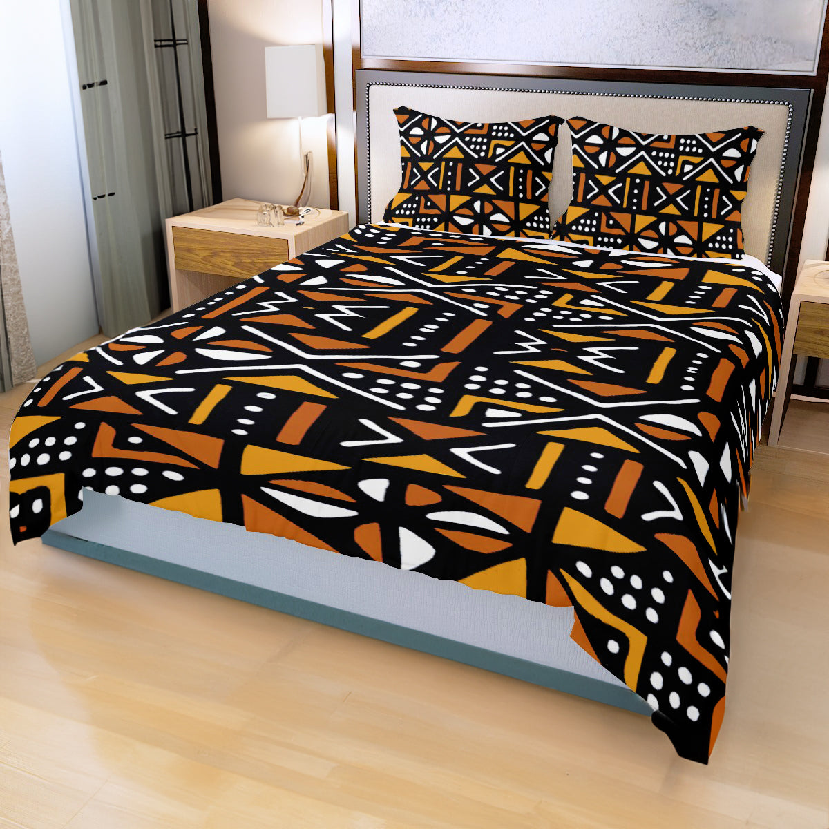 Orange African Bedding Set Mudcloth (3 Piece Duvet & Pillow Cases)