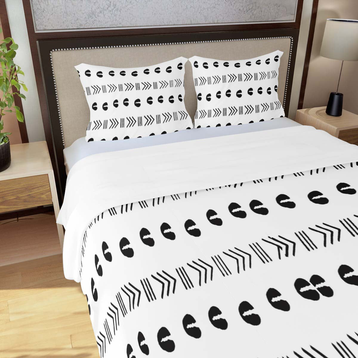 African Bedding Set Cowrie Print White and Black - Bynelo