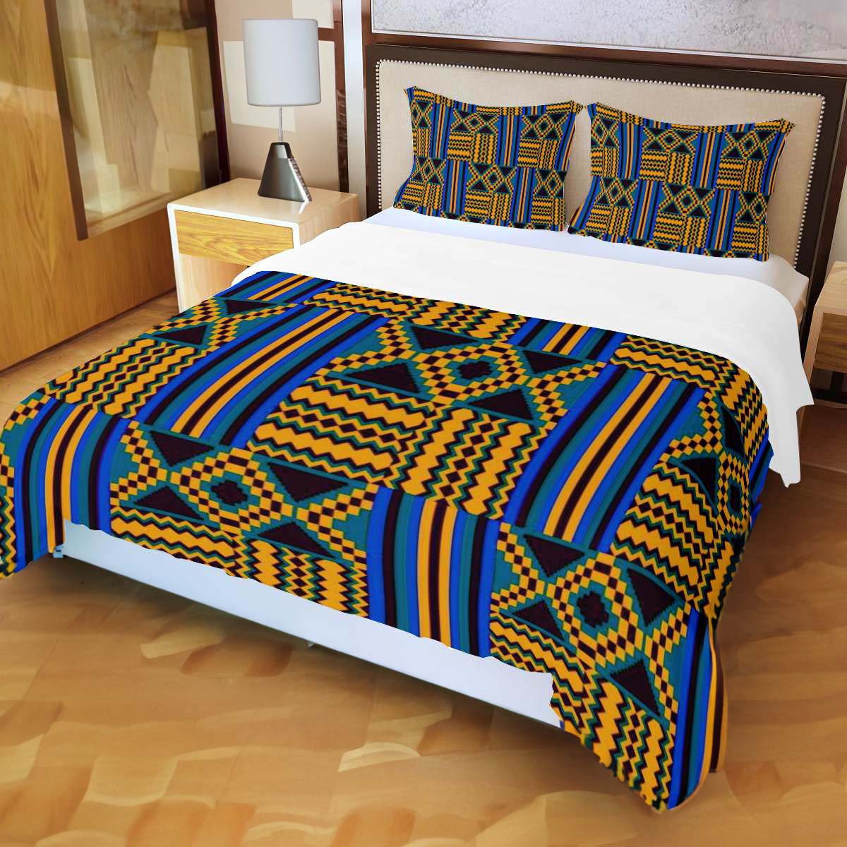 Kente Print African Bedding Set - 3 Piece Duvet & Pillows