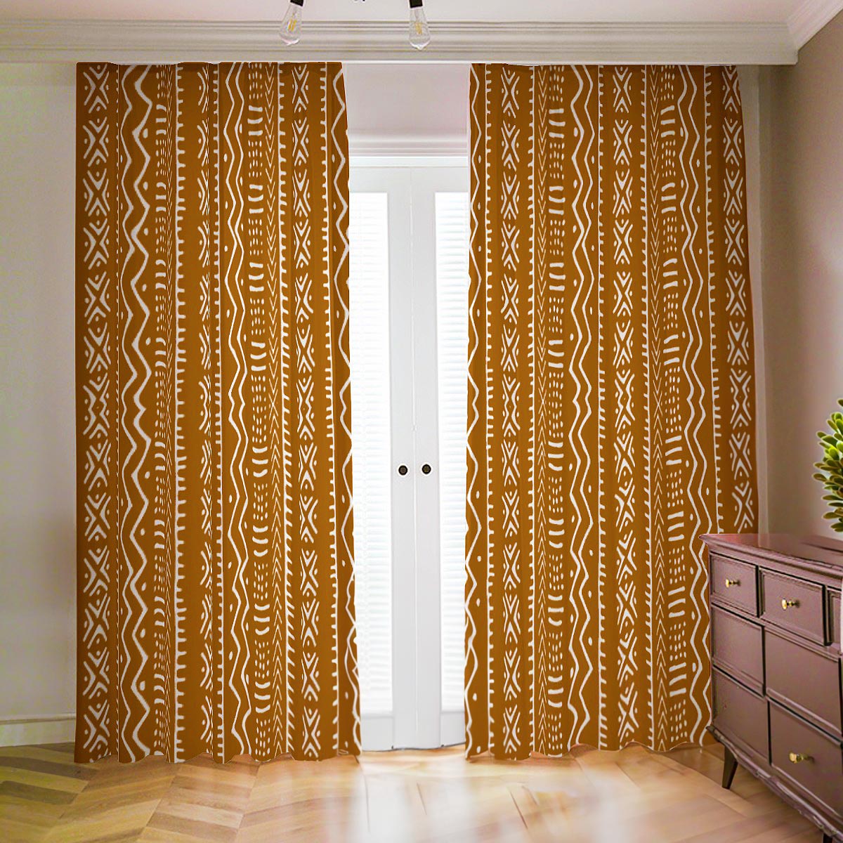 Orange Blackout Curtain in African Mudcloth Print - Bynelo