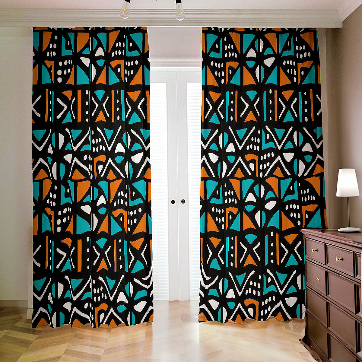 Turquoise Blackout Curtain in African Mudcloth Print
