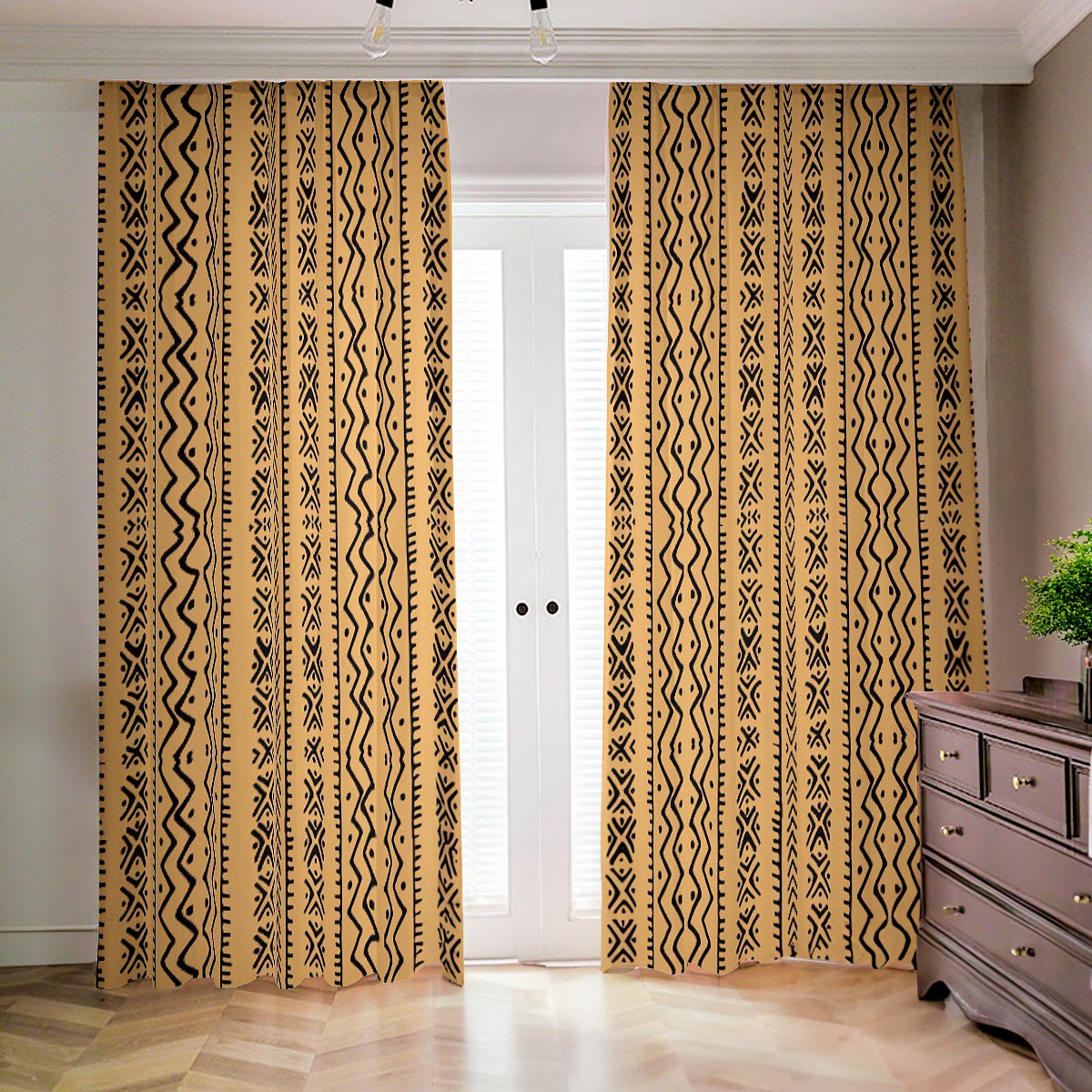 Golden Blackout Curtain in African Mudcloth Print