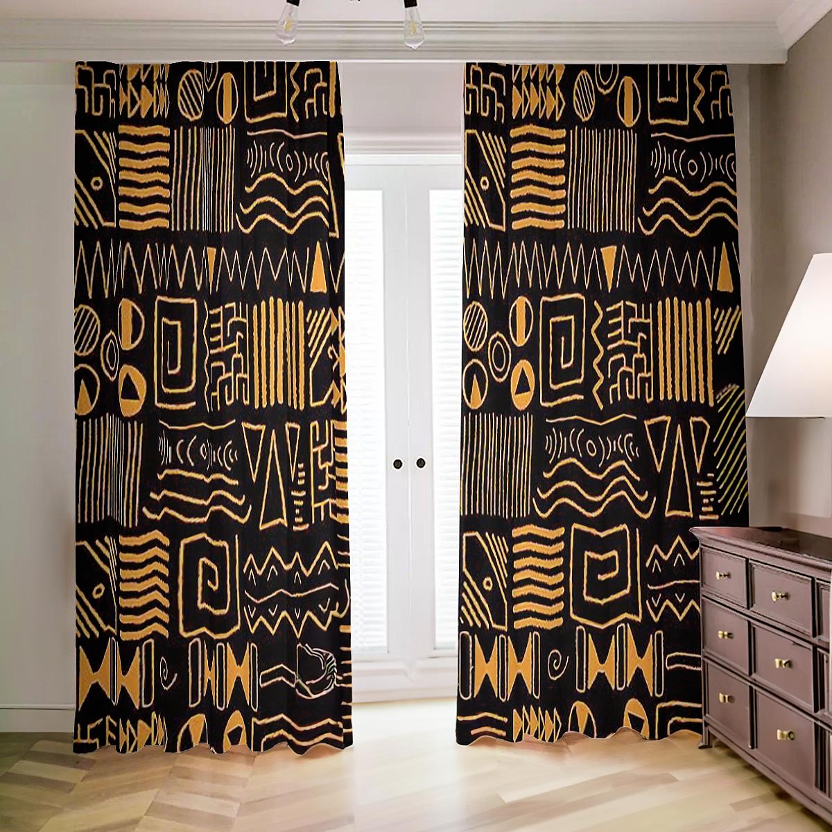 Gold and Black African Blackout Curtain Mudcloth Pattern