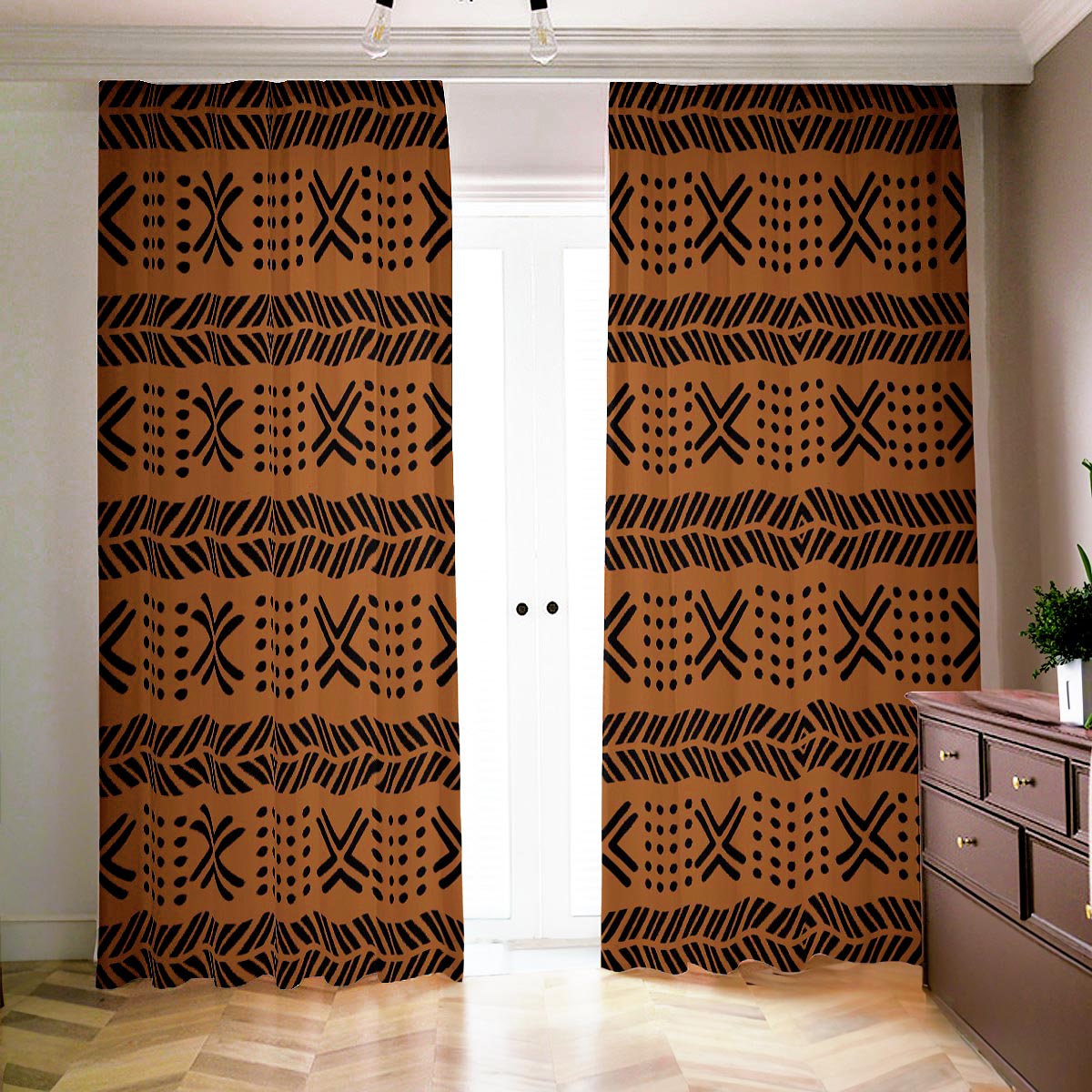 Brown Blackout Curtain in African Mudcloth Print - Bynelo