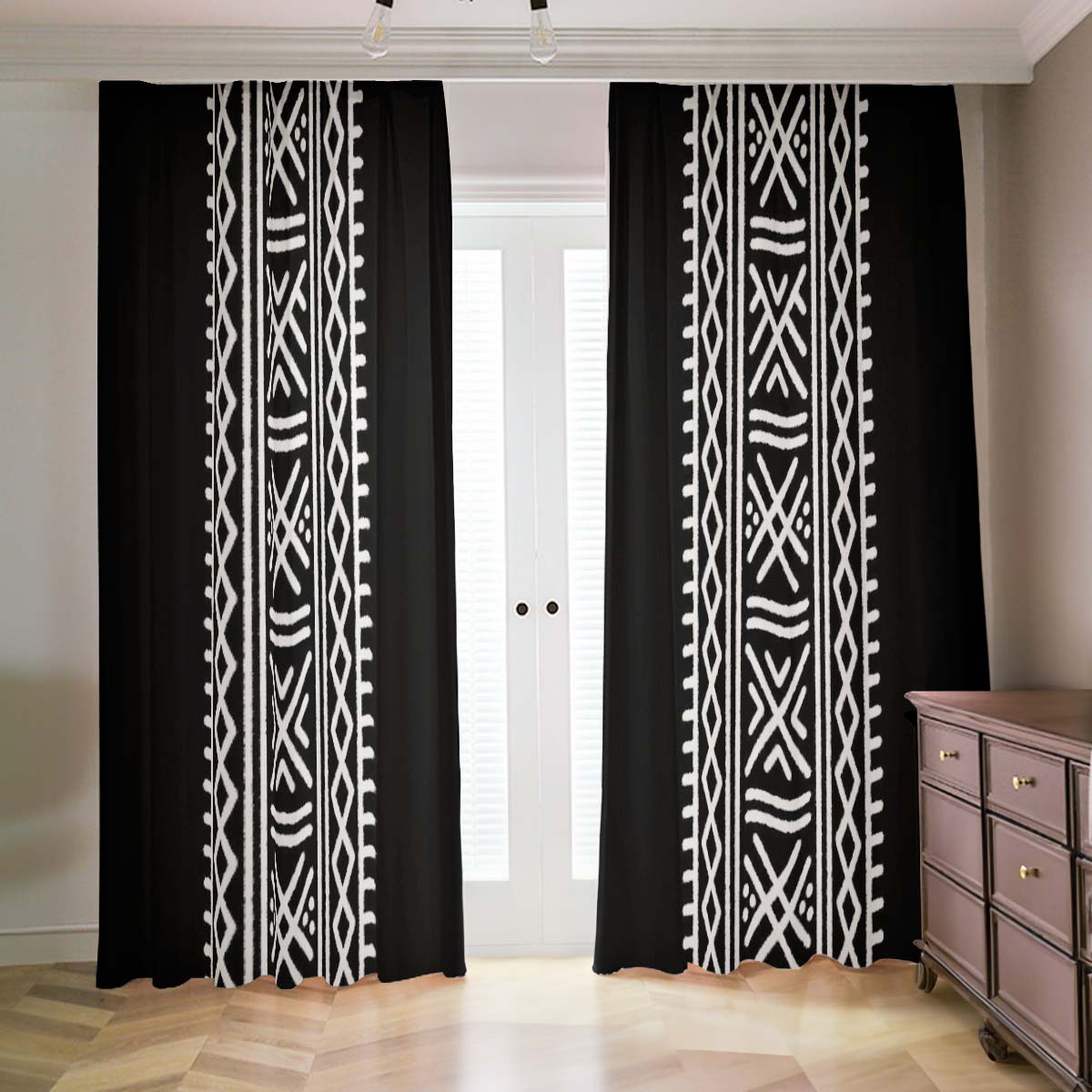 African Curtains in Blackout Tribal Print Black & White