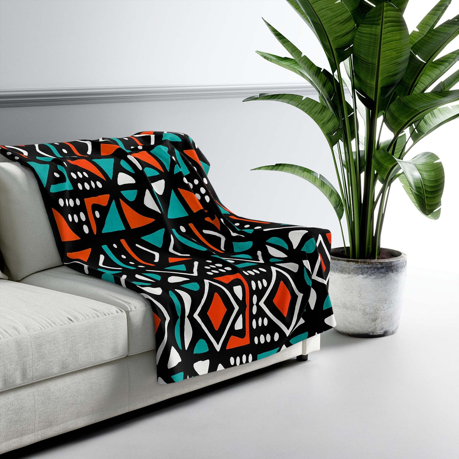 African Throw Mudcloth Blanket Fleece Fabric Turquoise Green