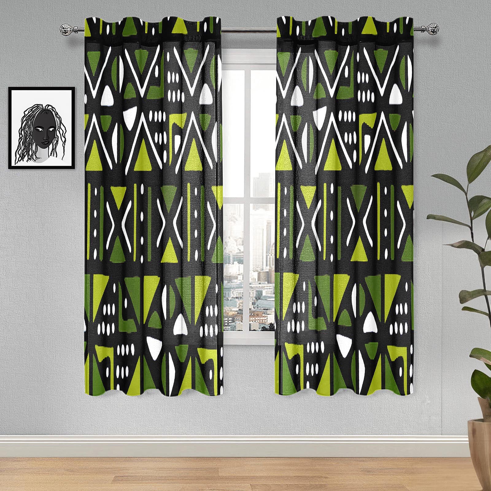 Green African Print Guaze Curtain Mudcloth (Two Piece)- Bynelo