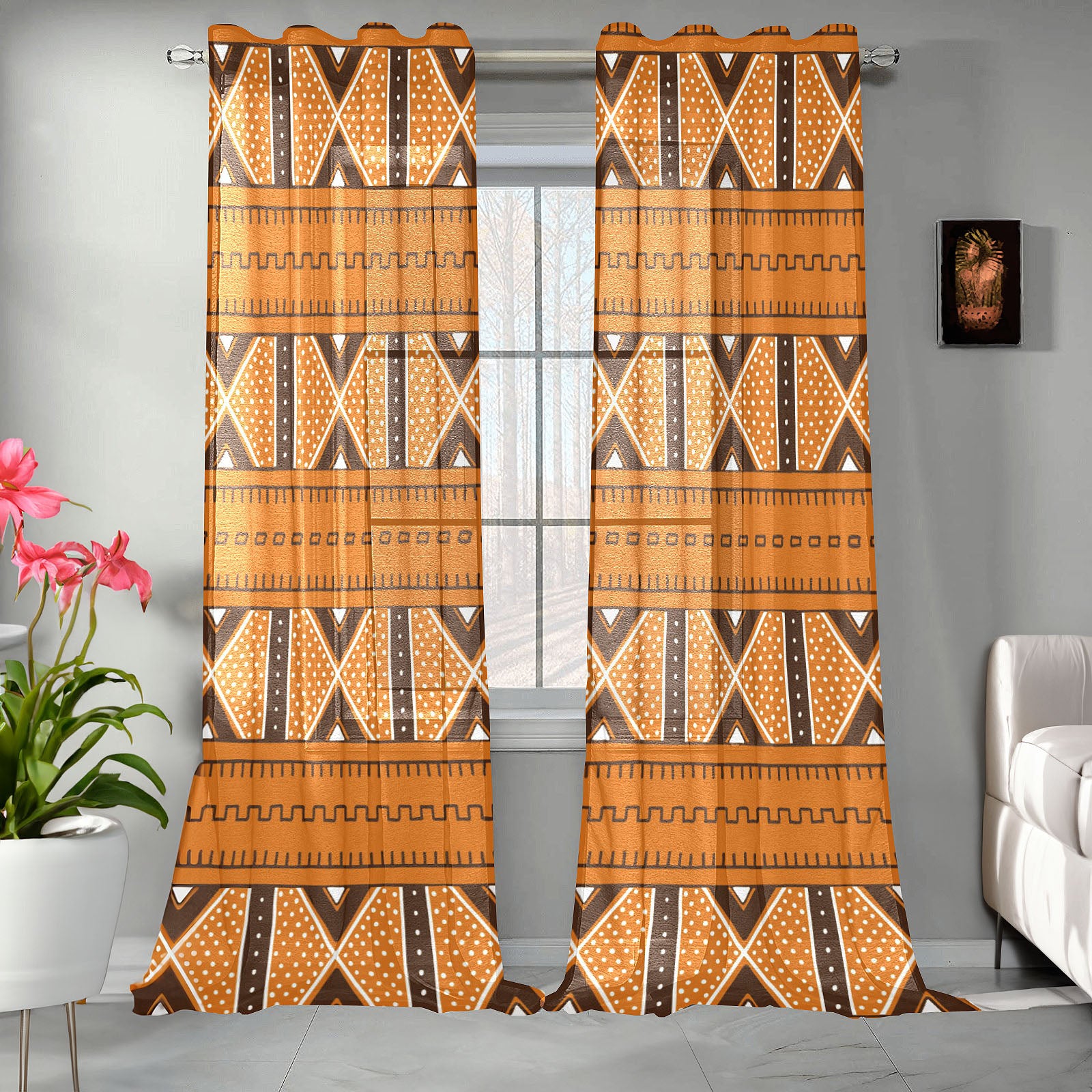 African Guaze Curtain Mudcloth Print (Two Piece) - Bynelo