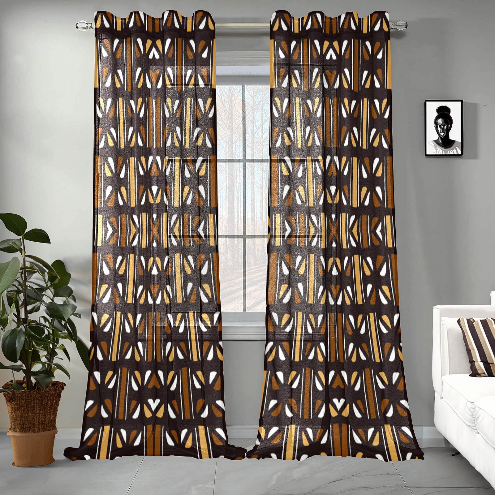 Spotted Brown African Print Guaze Curtain Mudcloth-Bynelo