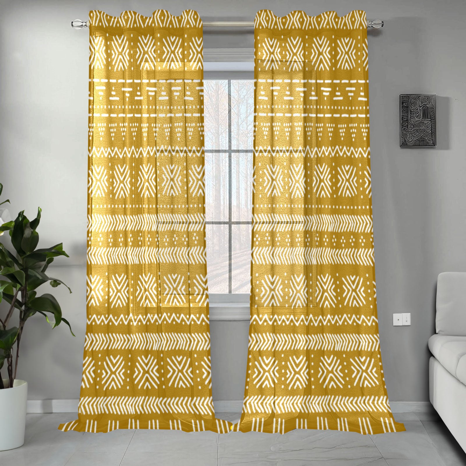 Gold African Guaze Curtain Tribal Print (Two-Piece)